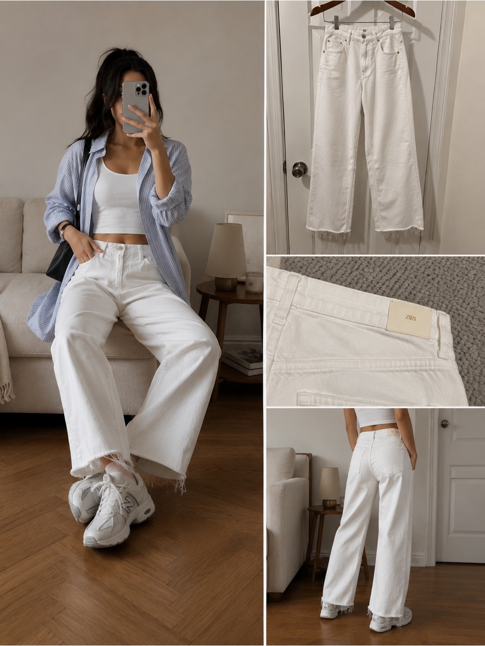 Zara White Wide-Leg Raw Hem Jeans